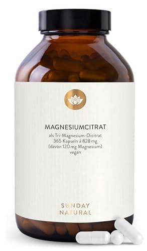 SUNDAY NATURAL® Magnesiumcitrat Kapseln hochdosiert - 365 Kapseln – Pro Tagesdosis 360 mg reines Magnesium ohne Zusatzstoffe - Premium Magnesium Citrate – Laborgeprüft, vegan, ohne unnötige Zusätze