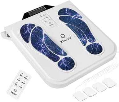 Fußmassagegerät Durchblutungs-Stimulator mit EMS & TENS – Elektrisches Fußmassagegerät mit 10 Modi, 50 Intensitätsstufen und 4 Elektrodenpads zur Schmerzlinderung und Förderung der Durchblutung Weiß