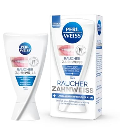 PERLWEISS Raucher Zahnweiss Whitening Zahncreme - entfernt effektiv Nikotinverfärbungen & Raucherbeläge - mit Perfect White & Fresh-Formel für frischen Atem & Kariesschutz, 50 ml