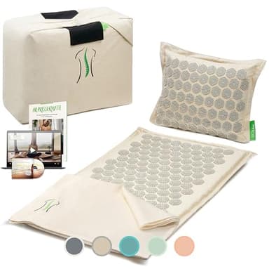 BACKLAXX ® Akupressurmatte Set – Akupressurmatte für Rücken, Nacken & Füße mit Kissen & Tasche – Akupressmatte, Stachelmatte & Fakirmatte zur Schmerzlinderung & Entspannung (naturfarben)