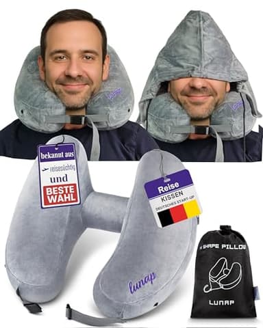 lunap Nackenkissen Flugzeug aufblasbar GRÖßE L Nackenkissen Aufblasbar mit Kapuze | Nackenhörnchen Erwachsene Grau | Reisekissen zum aufblasen | Neck Pillow | Reisekissen Flugzeug Kissen