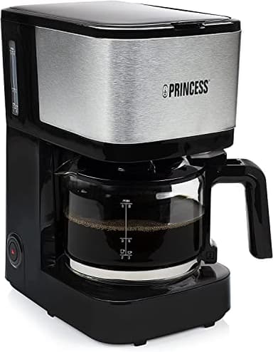 Princess Filter-Kaffeemaschine - 0,75 Liter Glaskanne, 8 Tassen, Edelstahl mit Permanentfilter, 600 Watt, 246030, Schwarz, Silber