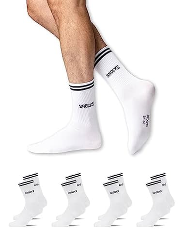 Snocks Retro Socken aus Bio Baumwolle 4 Paar - Lifestyle Socken im Streifen Design - Lange Tennissocken für Damen & Herren - Hohe Sportsocken - Gr. 43-46 - Farbe Weiß