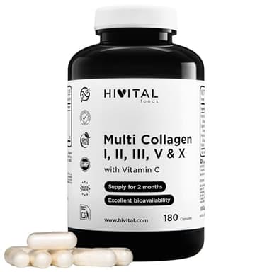 Multi Kollagen Hydrolysiertes. 180 Kapseln für 2 Monate. Mit Kollagenen vom Typ I, II, III, V und X. Mit Hydrolysierten Rinder- und Hühnerkollagenen, Eierschalenmembran und Vitamin C. Von HIVITAL