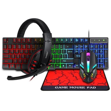 Ejoyous T-Wolf TF800 Gaming Set, 4-teiliges Gaming Set mit 104 Tasten Tastatur 4-Farben LED Maus Headset Mousepad für PC PS 4 XBO X Switch