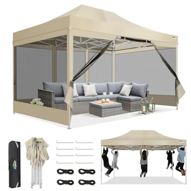 COBIZI Pavillon 3x4,5,Faltpavillon 3x4,5 Wasserdicht Stabil,Pavillon Faltbar Anti-UV mit Mesh-Seitenwände,Pavillion für Camping Events, Partyzelt Gartenzelt mit Tragetasche(3 mal 4,5m Khaki)