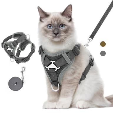 VavoPaw Katzengeschirr und Leine Set für Spaziergänge, Einstellbar Kätzchen Weste Geschirr mit Reflektierend Streif, Flucht Beweis Haustier Sicherheitsweste für Katzen, Welpen, M, Dunkel Grau