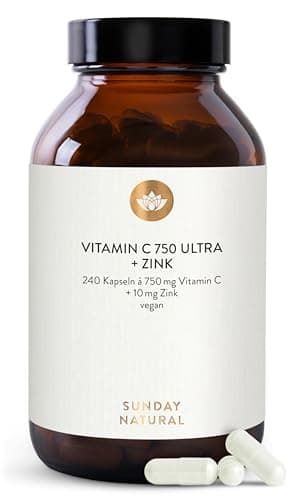 SUNDAY NATURAL® Vitamin C Zink Hochdosiert – 1500 mg Vitamin C und Zink 20 mg pro Tagesdosis – exklusiver PureWay® Komplex aus den USA – schnelle Absorption, mit Bioflavonoiden – vegan – 240 Kapseln
