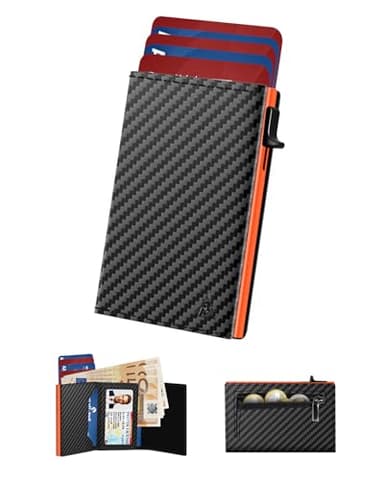 Kartenetui Herren | Geldbörse Herren | Slim Wallet mit Münzfach & ID-Fenster, Pop-Up Smart Magnetischer Wallets for Men, Leder Portmonee Geldbeutel, Kreditkartenetui für 11 Karten, Schwarz & Orange