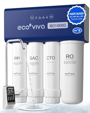 Ecoviva RO1000G Untertisch Osmoseanlage Umkehrosmoseanlage Trinkwasser mit Alkalisierung Wasser, Hoher Durchfluss, 3:1 Abwasser, NSF/ANSI 58 Standard, mit LED-Armatur, Langlebig Filterkartusche