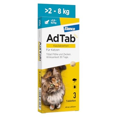 AdTab Floh- und Zeckenschutz für Katzen von über 2 bis 8 kg, Kautablette gegen Zecken und Flöhe, Schutz und Behandlung für 1 Monat, einfach zu verabreichen (3 St. pro Packung)