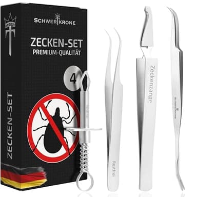 Schwertkrone® Zeckenzange 4er Set [Premium Edelstahl] - Zeckenzange für Hunde, Katze & Mensch - Zeckenpinzette Mensch & Tier - Zeckenhaken für Hunde - Zeckenzange Kinder - Zeckenset 4-teilig