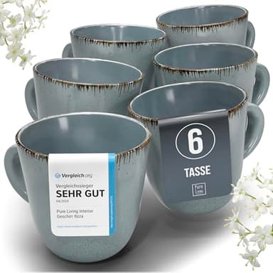 Steingut Kaffeetassen 6 Personen Rustic TESTSIEGER, Hochwertiges Landhaussttil Steingut Tassen Set, Stylisches Tee- und Kaffeebecher Set, Pure Living in Rauchblau