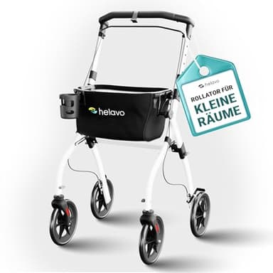 Helavo schmaler Wohnungsrollator - 60 cm breiter Rollator für Wohnung - Indoor-Rollator mit Tablett und Transportkorb