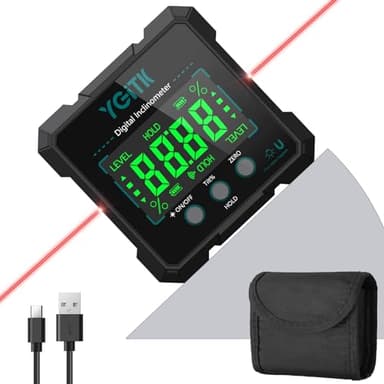 YGiTK Digitaler Winkelmesser LCD-Display Neigungsmesser Laser 4-Seitiges Magnetisch Wasserwaage IP54 Wasserdicht Bevel Box Wiederaufladbarer mit USB-C Ladekabel für Holzbearbeitung Dekoration