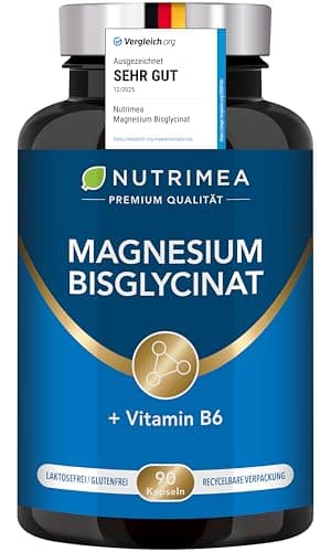 Magnesium Bisglycinat (Glycinat) + Vitamin B6 | Premium Magnesiumbisglycinat - Optimale Bioverfügbarkeit - Magnesiumglycinat Kapseln Hochdosiert 100% Vegan
