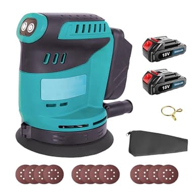 Akku Exzenterschleifer 125mm, Ersatz für Makita DBO180Z, Kabellose Elektroschleifer mit 3 Leistungsstufe, für Holzbearbeitung, Metallbearbeitung, 2 x 3000mAh Akku und Ladegerät