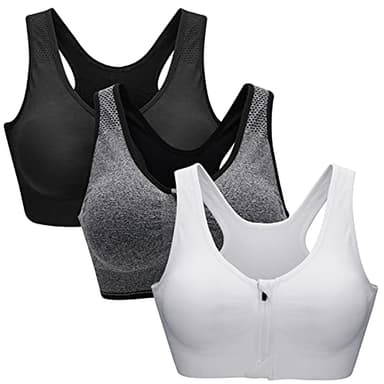 ZOEREA Sports BH Damen Push Up Zip Front Impact Yoga Bra Schwarz grau und Weiß,M