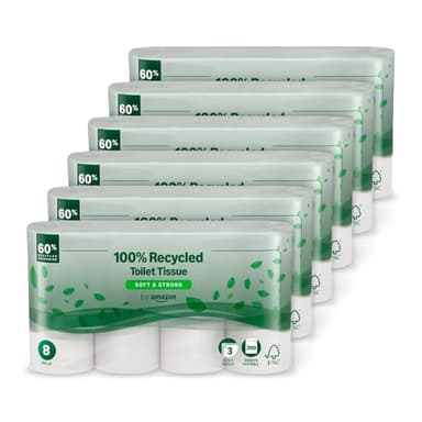 by Amazon Toilettenpapier, 3-lagig 100 % Recycelt, Weich und Stabil, 48 Rollen (8 Rollen, 6-er Pack), 200 Blätter pro Rolle, FSC-Zertifiziert
