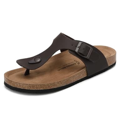 ARRIGO BELLO Herren Zehentrenner Pantoletten Natur Kork Leder Flip Flops Leicht Rutschfest Sommer Slip On Flach Sandalen Verstellbare Schnalle EU 36-46 (D-Braun,43)