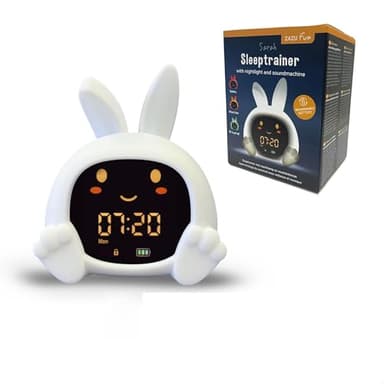 ZAZU Sarah Sleeptrainer für Kinder – Nachtlicht (5 Farben), Soundmaschine, Wecker mit 6 Sounds, Augen öffnen/schließen, wiederaufladbar inkl. USB
