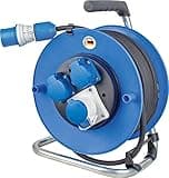 as - Schwabe Camping Kabeltrommel 25 m - mit Spannungsanzeige am CEE-Stecker - 2 Schutzkontakt- & 1 CEE-Steckdose 230V/16A/3-polig - Outdoor Kabeltrommel - Spritzwasserschutz IP44 - Blau, 10176