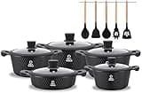 Pela Welle® Topfset Induktion [15-teilig Keramik] inkl. Küchenhelfer, Topfset antihaftbeschichtet | Topfset schwarz | Kochtopf Set | Induktions Töpfe Set | Kochtöpfe | Töpfe Induktion | Topfsets