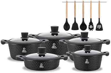 Pela Welle® Topfset Induktion [15-teilig Keramik] inkl. Küchenhelfer, antihaftbeschichtete Töpfe Induktion | Topfset schwarz | Kochtopf Set | Induktions Töpfe Set | Kochtöpfe | Topfsets