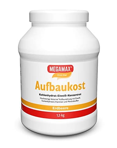 MEGAMAX Aufbaukost Erdbeere 1.5 kg enthält wheyproteinpulver für ein fettarmes Kohlenhydrat-Eiweiß-Getränk- ideal zur Unterstützung von Muskelaufbau, Gewichtszunahme, Kräftigung und bei Untergewicht