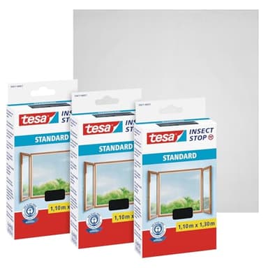 tesa Insect Stop Standard Fliegengitter für Fenster im 3er Pack - Insektenschutz zuschneidbar - Mückenschutz ohne Bohren - 3 x Fliegen Netz - 110 cm x 130 cm - Anthrazit
