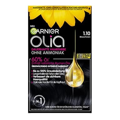 Garnier Olia Dauerhafte Haarfarbe ohne Ammoniak, Mit pflegenden und natürlichen Ölen, Vollständige Grauhaarabdeckung, Permanente Coloration, Nr. 1.10 Blau, 1 Stück