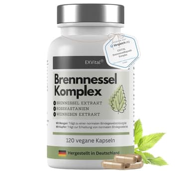 EXVital Brennnessel Kapseln Komplex mit Weinreben & Rosskastanien Extrakt, 800mg Brennnessel Extrakt pro Tag, 120 vegane Kapseln, Clever mit Mangan & Kupfer, vegan & ohne Zusätze