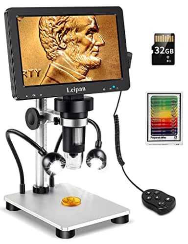 Leipan 7" LCD Mikroskop Digital 1200X mit Bildschirm, 12MP USB Microscope für 1080P Video, inkl. 32GB Karte, 12 Objektträger, Beleuchtung & Fernbedienung, Kompatibel mit Windows/Mac OS