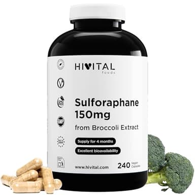 Sulforaphan 150 mg. 240 vegane Kapseln für eine 4-monatige Kur. Natürlicher Brokkoliextrakt, 10:1 konzentriert, 10% Sulforaphan, liefert 150 mg Sulforaphan. Hergestellt von HIVITAL