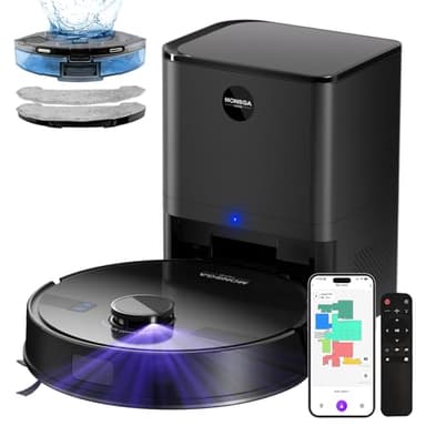 MONSGA Saugroboter mit Wischfunktion, 3.5L Staubsauger Roboter mit Absaugstation, 5000Pa Saugkraft, 180Min Laufzeit, LiDAR Navigation, Starke Saugkraft ideal für Teppich und Tierhaare, APP Steuerung