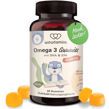 wowtamins Omega 3 für Kinder - vegane & hochdosierte Gummies (60 Stück) mit EPA und DHA aus Algenöl - Nahrungsergänzungsmittel kinderleicht und lecker (Mango-Geschmack) - NEU bei wowtamins