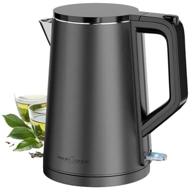 ProfiCook® Wasserkocher 1,5 Liter | 2200W | doppelwandiges Thermogehäuse | Einhandbedienung | Station mit Kabelaufwicklung | mattes Edelstahlgehäuse | Wasserkocher Edelstahl | PC WK 1290 | Graphit