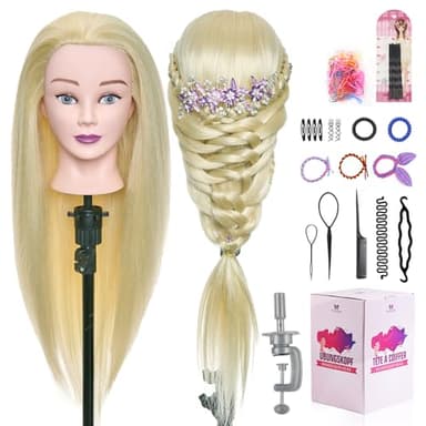 Frisierkopf 50% Echthaar Übungskopf Frisierkopf Puppenkopf zum Frisieren Trainingsköpfe für Friseure Ausbildung Kopf Mit Halter + DIY Haare Set