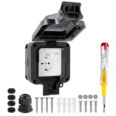 Vonsera Außensteckdose Wasserdicht IP66, 1-Fach Outdoor Steckdose mit Schalter Kontrollleuchte, Abschliessbar Ausensteckerdose Aufputz mit Klappdeckel für Garten & Feuchträume, Schwarz