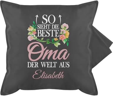 Kissenbezug - Großmutter - So sieht die beste Oma der Welt aus - 50 x 50 cm - Grau - kissen personalisiertes omi name kissenhülle geschenke personalisierte grandma für kuschelkissen individuelles