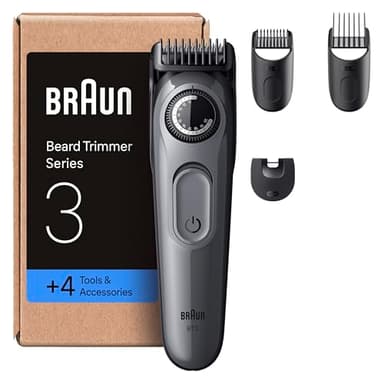 Braun Barttrimmer Series 3, Elektrischer Bartschneider Herren, 4 Zubehörteile, Ultrascharfe ProBlade Klinge, 50 Min Akkulaufzeit, Kabelloser Bartrasierer, 40 Längen, Wasserdicht, BT3525, Grau