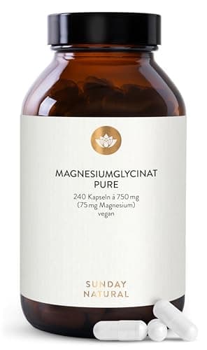 SUNDAY NATURAL® Magnesium Bisglycinat Premium - 240 Kapseln - 150mg reines Magnesium Glycinat Tagesdosis hochdosiert - Magnesiumglycinate als organisches Aminosäurechelat – Laborgeprüft, vegan