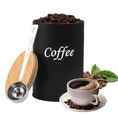 Luftdicht Kaffeedose, 500 ml Bohnen Vorratsdose mit Edelstahllöffel, Eisen Kaffeedose mit Holzdeckel, Kaffeebohnen Aufbewahrung, Geeignet für Büros, Wohnungen und Cafés, Schwarz