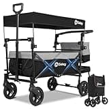 Sekey Faltbarer Bollerwagen mit Dach 2 Kinder, Bollerwagen Faltbar Kinder 150KG Tragkraft mit stoßfesten PU-Rädern, Handwagen mit Schiebegriff, Upgrade-Version TP5050, Schwarz mit Grau