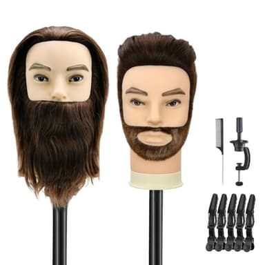 TwoWin 12 Zoll (30.5 cm) Mann Frisierkopf 100% Echthaar mit Bart, Frisurenkopf Männlicher Haarschnitt, Übungskopf Friseur Mit Haaren, Mannequin Head Puppenkopf mit Tischklemme (Braun)