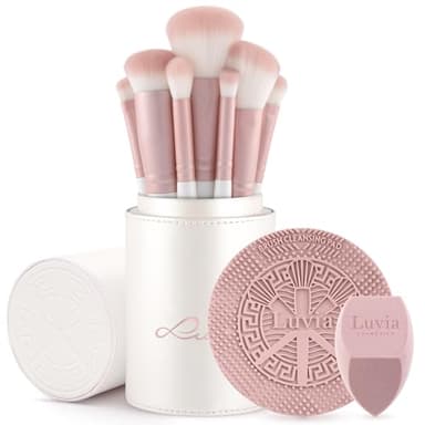 Make-up-Pinsel-Set – 7-teilig + Pinsel-Reinigungsmatte & Blender-Schwamm – Luvia Prime Vegan Schminkpinsel-Set für Foundation, Puder & Lidschatten – Candy Rosa/Perlmutt