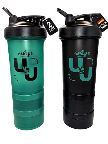 Carlu's Shaker 2ER SET mit Pulverfächern & Edelstahl-Mixball 100% BPA-frei Protein Shaker 500ml Auslaufsicher Spülmaschinenfest mit jeweils 2 Fächern & Tablettenbox Fitness Becher für Sport & Gym