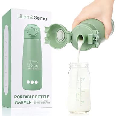 Lilian&Gema Tragbarer Flaschenwärmer Baby Unterwegs, Schnelles Aufheizen Muttermilch Wasser In 3 Min, 350ml Kapazität + 11400mAh Lange Akkulaufzeit, Auslaufsicher, Präzise Temperatursteuerung