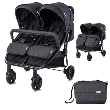 Lorelli Zwillingskinderwagen Duo, Zwillingsbuggy klein faltbar für 2 Kinder, sehr leicht, Zwillingswagen nebeneinander, Geschwister Kinderwagen kompakt zusammenklappbar, schwarz