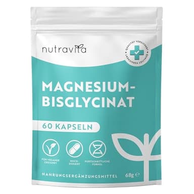 Magnesiumbisglycinat Kapseln - Magnesium Glycinat - 320mg elementares Magnesium pro Tagesdosis - Vegan - Hochdosiert - Unterstützt die Muskelfunktion & das Nervensystem - Nutravita